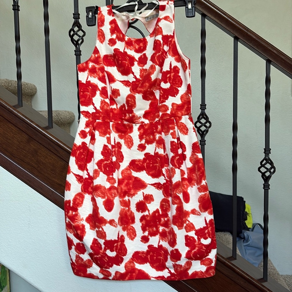 Eliza J Fit and Flare Red and White Floral Sleeveless Pleated Midi Dress- Sz 6P